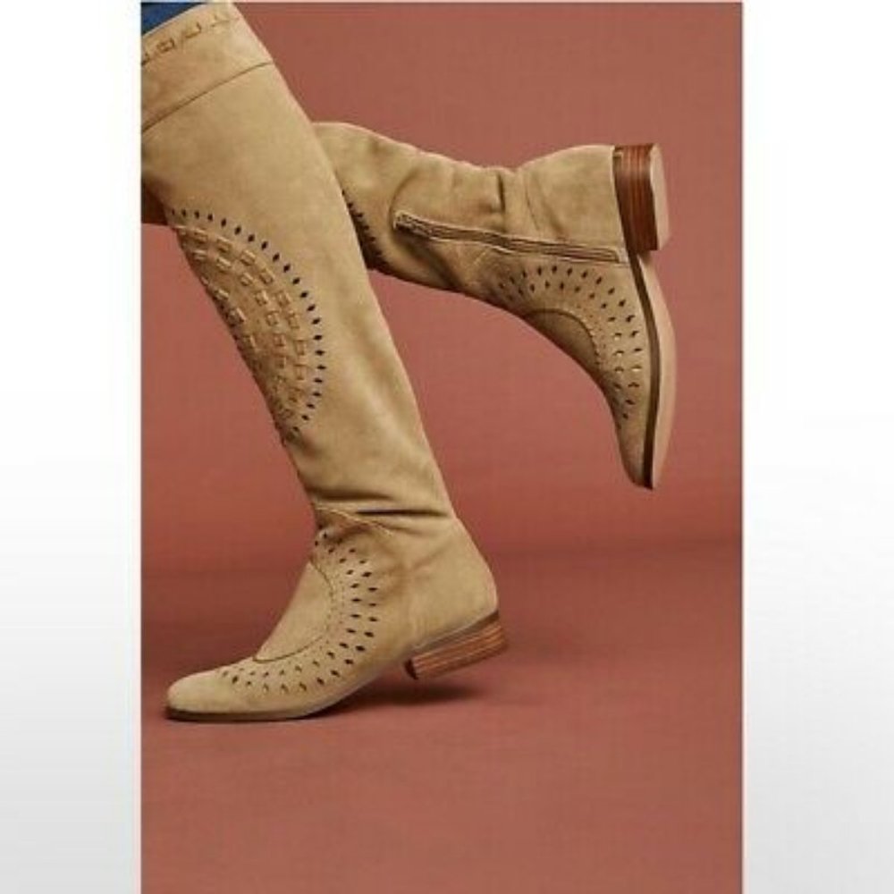 Anthropologie Free People Knee High Suede Boots Farylrobin SAND 10 - Picture 1 of 4